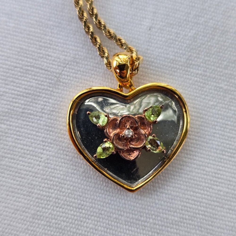 Vintage Heart Rose Pendant Genuine peridot and Diamond for Sisters Danbury Mint